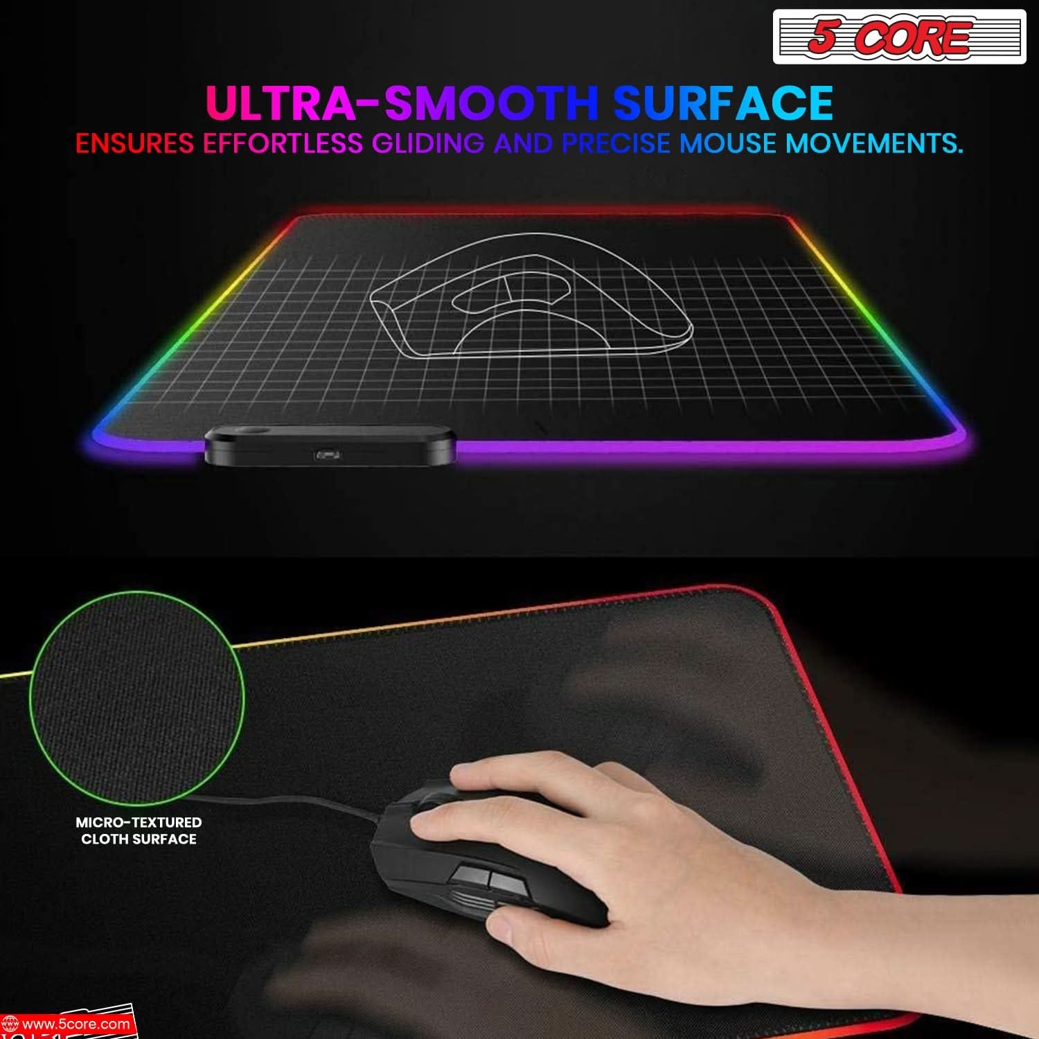 5Core RGB Mouse Pad 12 Light Modes Soft Padded Large Gaming Keyboard Mouse Mat